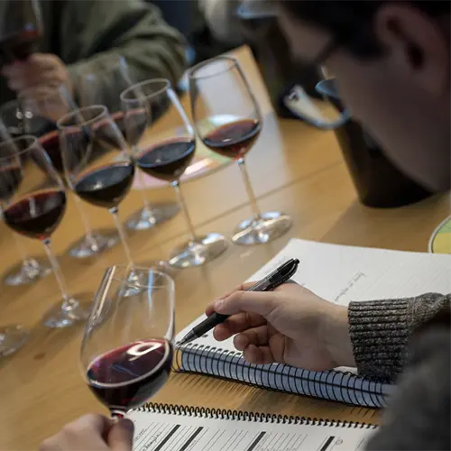 student taking notes at a WSET class.