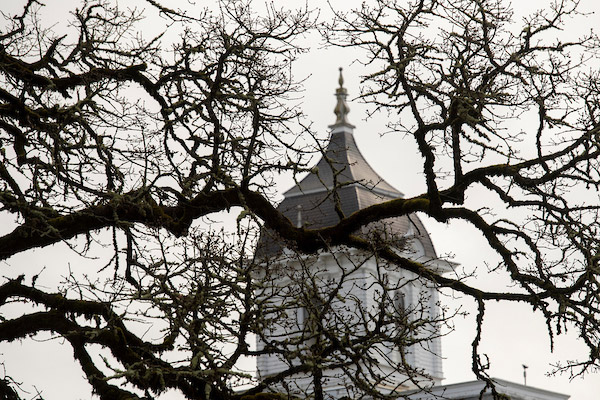 The top of Pioneer Hall in the winter