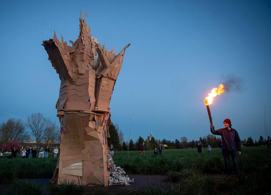 A tradition in the art department, students build a wood structure and safely burn it at the end of the academic year in an event called "Built to Burn"