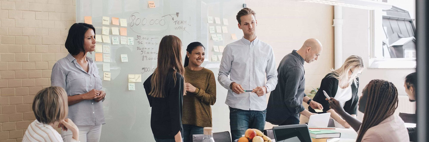 9 people working collaboratively in an office setting